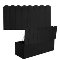 Kit Painel Cabeceira Estofada e Calçadeira Baú Recamier Dallas 140cm Casal Padrão Sintético Preto - Ahazzo Móveis