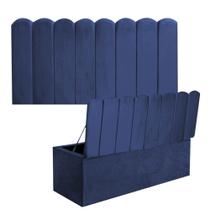 Kit Painel Cabeceira Estofada e Calçadeira Baú Recamier Dallas 160cm Queen Size Suede Azul Marinho - Ahazzo Móveis