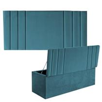 Kit Painel Cabeceira Estofada e Calçadeira Baú Recamier Grécia 140cm Casal Padrão Suede Azul Turquesa - Ahazzo Móveis