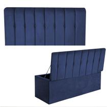 Kit Painel Cabeceira Estofada e Calçadeira Baú Recamier Kiara 195cm King Size Suede Azul Marinho - Ahz Móveis