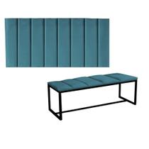 Kit Painel Carla e Calçadeira Industrial 100cm Solteiro Box Ferro Preto Suede Azul Turquesa - Ahz Móveis