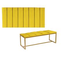 Kit Painel Carla e Calçadeira Industrial 140cm Casal Box Ferro Dourado material sintético Amarelo - Ahz Móveis