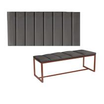 Kit Painel Carla e Calçadeira Industrial 160cm Queen Size Box Ferro Bronze Sintético Cinza Escuro - Ahz Móveis