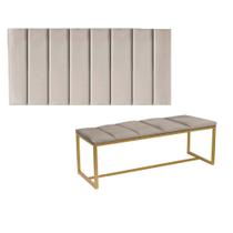 Kit Painel Carla e Calçadeira Industrial 195cm King Size Box Ferro Dourado material sintético Bege - Ahz Móveis