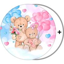Kit Painel Chá Revelação Urso Azul e Rosa Tecido Sublimado Redondo Grande 1,50 cm + 2 Bambolês (Suporte) Transparente