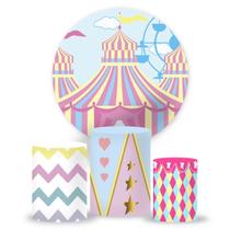Kit Painel de festa Circo Rosa, painel redondo, capa de cilindro e portal retangular, portal romano