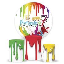 Kit Painel de festa Pintando o 7, Colorido, painel redondo, trio capa de cilindro e Painel romano