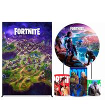 Kit Painel de Festa Redondo 1,50m, Trio de Cilindros e Painel Lateral Fortnite - Fera Print Kit Painel de Festa Redondo 1,50m, Trio de Cilindros e Painel Lateral Fortnite - Fera Print