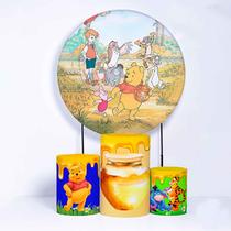Kit Painel de Festa Redondo de 1,30m e Trio de Cilindros Ursinho Pooh - Fera Print