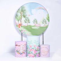 Kit Painel de Festa Redondo de 1,50m e Trio de Cilindros Jardim Encantado - Fera Print