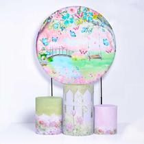 Kit Painel de Festa Redondo de 1,80m e Trio de Cilindros Jardim Encantado - Fera Print