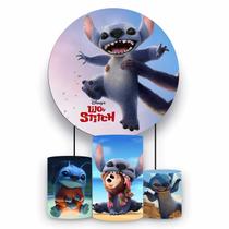 Kit Painel de Festa Redondo de 1,80m e Trio de Cilindros Lilo Stitch - Fera Print Kit Painel de Festa Redondo de 1,80m e Trio de Cilindros Lilo Stitch - Fera Print
