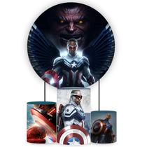 Kit Painel de Festa Redondo e Trio de Cilindros Novo Capitão América - Fera Print