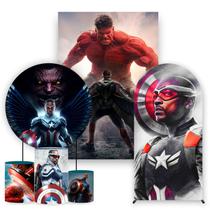 Kit Painel de Festa Redondo, Trio de Cilindros, Painel Lateral e Romano Novo Capitão América - Fera Print Kit Painel de Festa Redondo, Trio de Cilindros, Painel Lateral e Romano Novo Capitão América - Fera Print