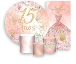 Kit Painel De Festa Trio Capa Cilindro Faixa Veste Fácil, 15 Anos Borboletas e Flores 088