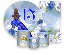 Kit Painel De Festa + Trio Capa Cilindro + Faixa Veste Fácil - 15 Anos Princesa Azul 009