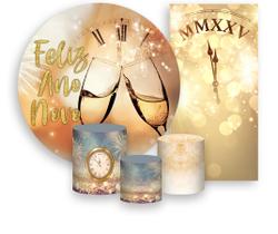 Kit Painel De Festa + Trio Capa Cilindro + Faixa Veste Fácil - Ano Novo Dourado Fogos 001