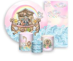 Kit Painel De Festa + Trio Capa Cilindro + Faixa Veste Fácil - Arca de Noé Cute Rosa 004