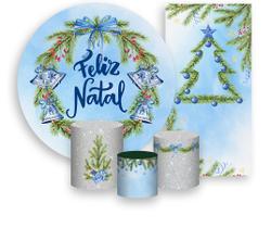 Kit Painel De Festa + Trio Capa Cilindro + Faixa Veste Fácil - Árvore de Natal e Guirlanda Azul 008