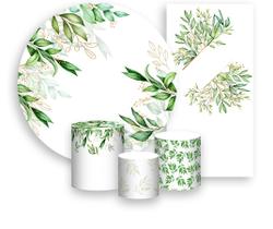 Kit Painel De Festa + Trio Capa Cilindro + Faixa Veste Fácil - Belas Folhagens Verdes 043 Kit Painel De Festa + Trio Capa Cilindro + Faixa Veste Fácil - Belas Folhagens Verdes 043