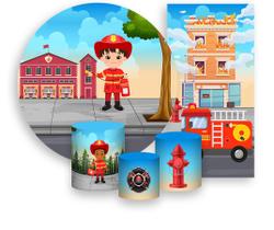 Kit Painel De Festa + Trio Capa Cilindro + Faixa Veste Fácil - Bombeiro Cute Cidade 001