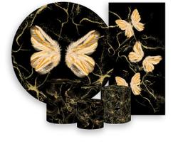 Kit Painel De Festa + Trio Capa Cilindro + Faixa Veste Fácil - Borboleta Asas Douradas 005