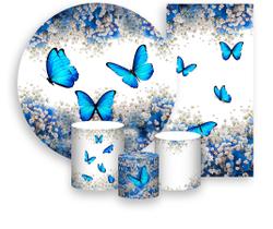 Kit Painel De Festa + Trio Capa Cilindro + Faixa Veste Fácil - Borboleta Azul Floral 003 Kit Painel De Festa + Trio Capa Cilindro + Faixa Veste Fácil - Borboleta Azul Floral 003