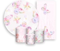 Kit Painel De Festa + Trio Capa Cilindro + Faixa Veste Fácil - Borboleta Floral Rosa e Lilás Suave 018