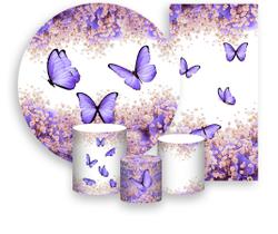 Kit Painel De Festa + Trio Capa Cilindro + Faixa Veste Fácil - Borboleta Lilás Floral 012 Kit Painel De Festa + Trio Capa Cilindro + Faixa Veste Fácil - Borboleta Lilás Floral 012