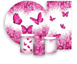 Kit Painel De Festa + Trio Capa Cilindro + Faixa Veste Fácil - Borboleta Pink Floral 013 Kit Painel De Festa + Trio Capa Cilindro + Faixa Veste Fácil - Borboleta Pink Floral 013