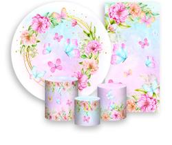 Kit Painel De Festa + Trio Capa Cilindro + Faixa Veste Fácil - Borboletas Aquarela Floral 011 Kit Painel De Festa + Trio Capa Cilindro + Faixa Veste Fácil - Borboletas Aquarela Floral 011