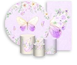 Kit Painel De Festa + Trio Capa Cilindro + Faixa Veste Fácil - Borboletas Aquarela Lilás Suave 007