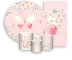 Kit Painel De Festa + Trio Capa Cilindro + Faixa Veste Fácil - Borboletas Aquarela Rosa Suave 006