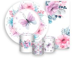 Kit Painel De Festa + Trio Capa Cilindro + Faixa Veste Fácil - Borboletas e Flores Delicada 002 Kit Painel De Festa + Trio Capa Cilindro + Faixa Veste Fácil - Borboletas e Flores Delicada 002