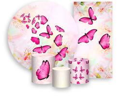 Kit Painel De Festa + Trio Capa Cilindro + Faixa Veste Fácil - Borboletas Pink Voando 004