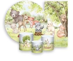 Kit Painel De Festa + Trio Capa Cilindro + Faixa Veste Fácil - Bosque Cute 018