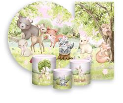 Kit Painel De Festa Trio Capa Cilindro Faixa Veste Fácil, Bosque Cute Menina 026