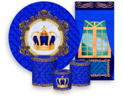 Kit Painel De Festa + Trio Capa Cilindro + Faixa Veste Fácil - Capitonê Coroa Realeza Azul 001
