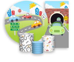 Kit Painel De Festa + Trio Capa Cilindro + Faixa Veste Fácil - Carrinho Cute Estrada 003