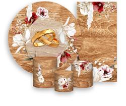Kit Painel De Festa + Trio Capa Cilindro + Faixa Veste Fácil - Casamento Rústico 001