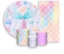 Kit Painel De Festa + Trio Capa Cilindro + Faixa Veste Fácil - Cauda Sereia Candy 006