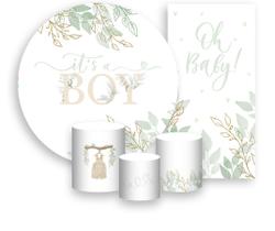 Kit Painel De Festa + Trio Capa Cilindro + Faixa Veste Fácil - Chá de Bebê It's a Boy Floral 027 Kit Painel De Festa + Trio Capa Cilindro + Faixa Veste Fácil - Chá de Bebê It's a Boy Floral 027