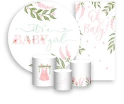 Kit Painel De Festa + Trio Capa Cilindro + Faixa Veste Fácil - Chá de Bebê It's a Girl Floral Rosa 028 Kit Painel De Festa + Trio Capa Cilindro + Faixa Veste Fácil - Chá de Bebê It's a Girl Floral Rosa 028