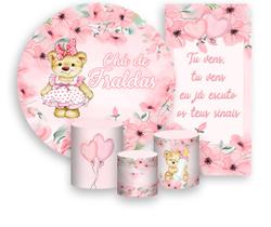 Kit Painel De Festa + Trio Capa Cilindro + Faixa Veste Fácil - Chá de Fraldas Ursinha Rosa 020 Kit Painel De Festa + Trio Capa Cilindro + Faixa Veste Fácil - Chá de Fraldas Ursinha Rosa 020
