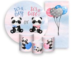 Kit Painel De Festa + Trio Capa Cilindro + Faixa Veste Fácil - Chá Revelação Pandas Cute 001 Kit Painel De Festa + Trio Capa Cilindro + Faixa Veste Fácil - Chá Revelação Pandas Cute 001