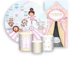 Kit Painel De Festa + Trio Capa Cilindro + Faixa Veste Fácil - Circo Rosa Bailarina 027