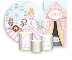 Kit Painel De Festa + Trio Capa Cilindro + Faixa Veste Fácil - Circo Rosa Bailarina Loira 016