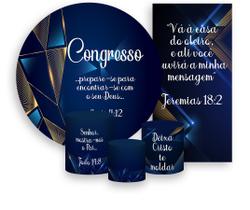 Kit Painel De Festa + Trio Capa Cilindro + Faixa Veste Fácil - Congresso Cristão Azul com Geométrico 021