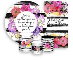 Kit Painel De Festa + Trio Capa Cilindro + Faixa Veste Fácil - Dia das Mulheres Floral Listrado 010