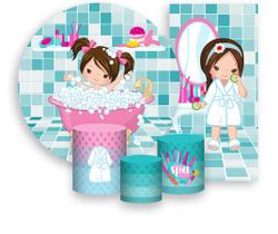 Kit Painel De Festa + Trio Capa Cilindro + Faixa Veste Fácil - Dia de Spa Banheira Menina 001